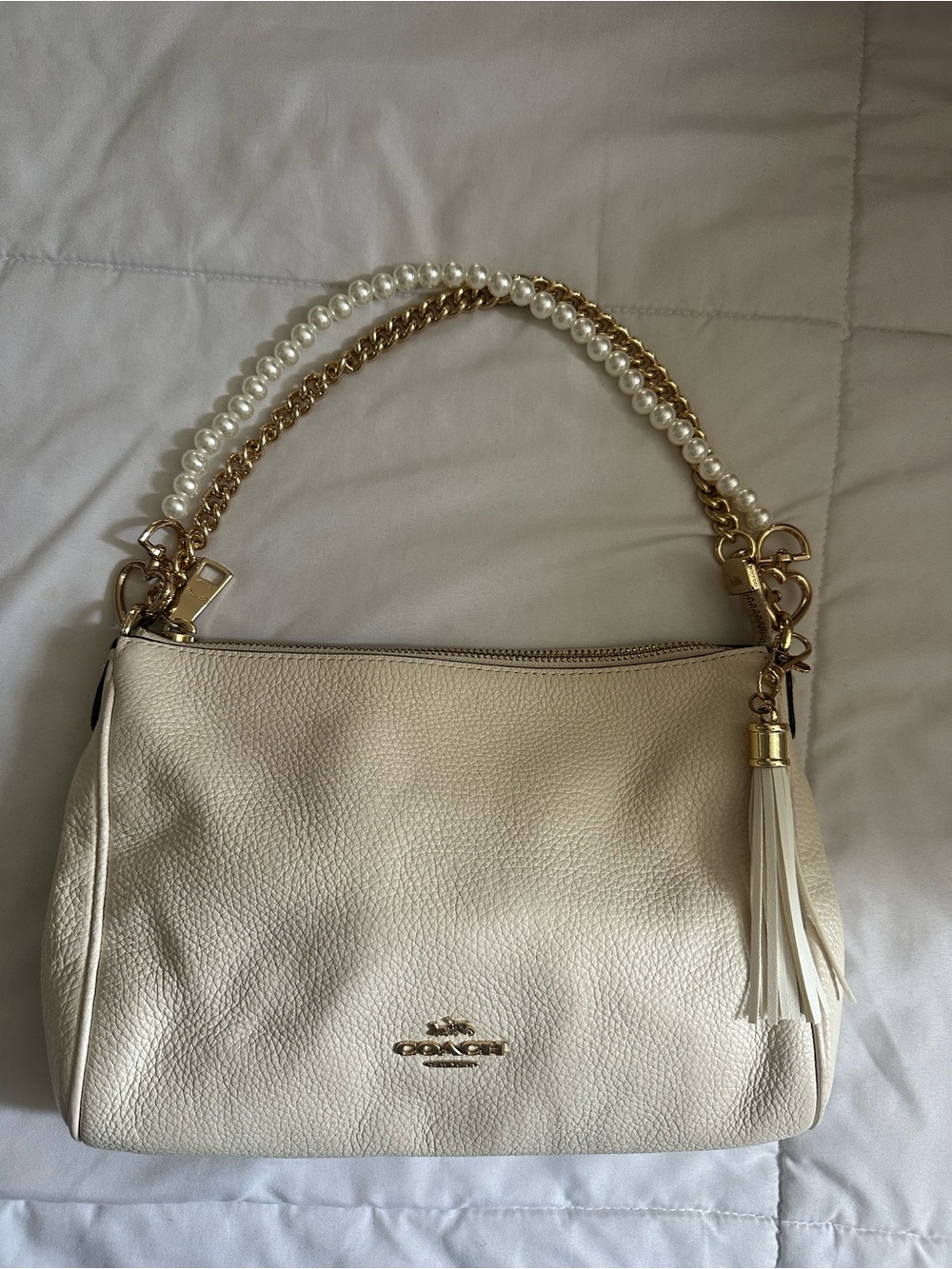 Coach Cream Leather Shoulder Bag with Pearl & Gold Chain Handle